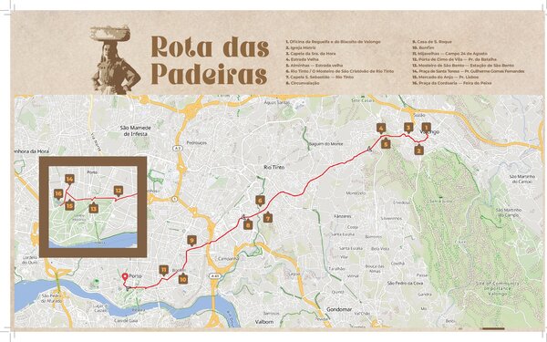 Mapa com trajeto da Rota das Padeiras, marcadores numerados e trechos destacados